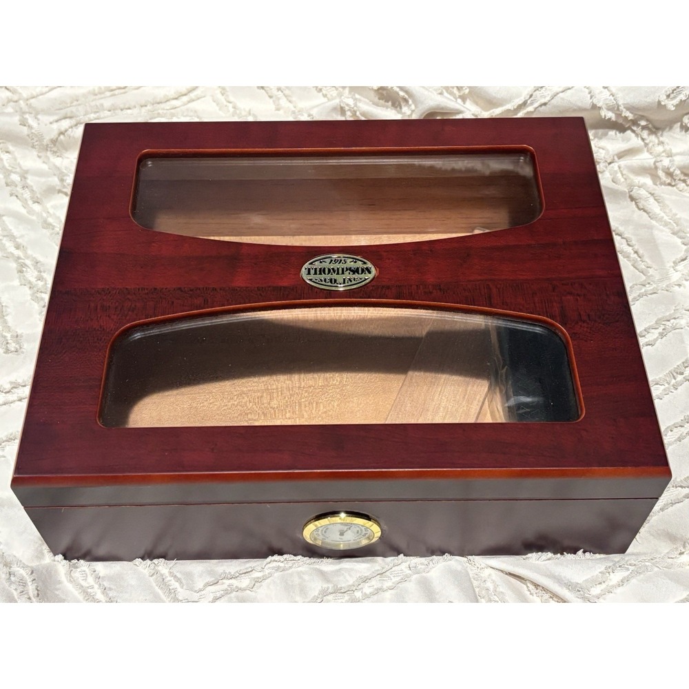 Thompson & Co 1915 Glass-Top Wood Desktop Cigar Humidor Box Cherry